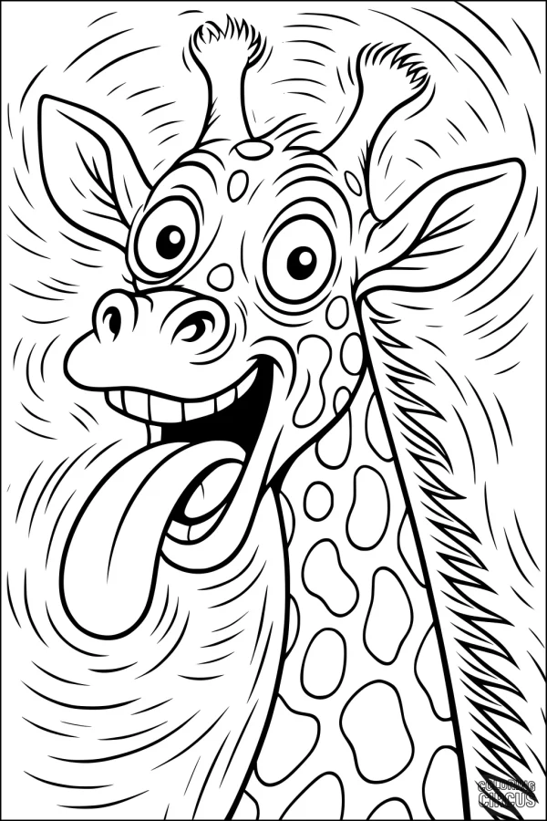 Coloring page of a silly giraffe with wide eyes and tongue out