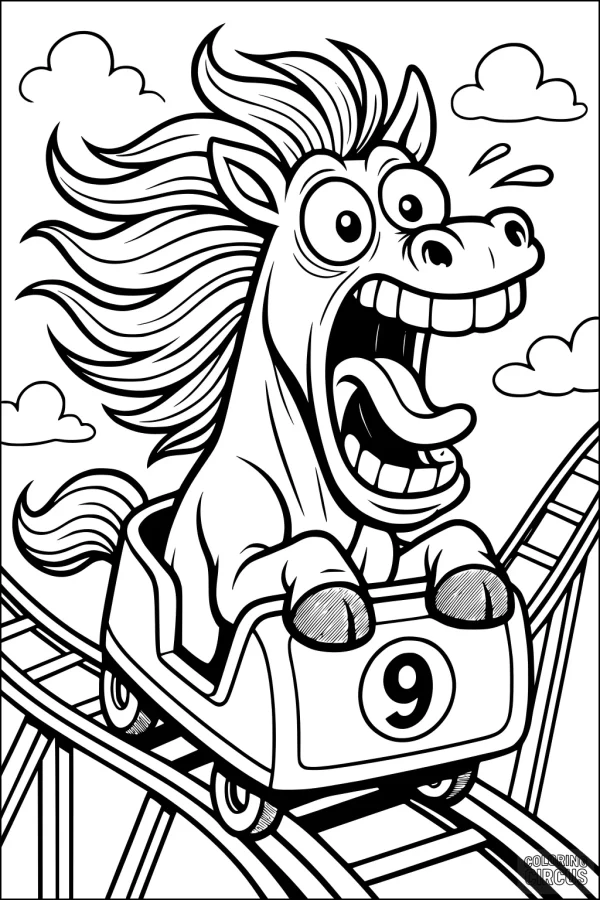 Coloring page of a cartoon horse with wild expression riding a rollercoaster car