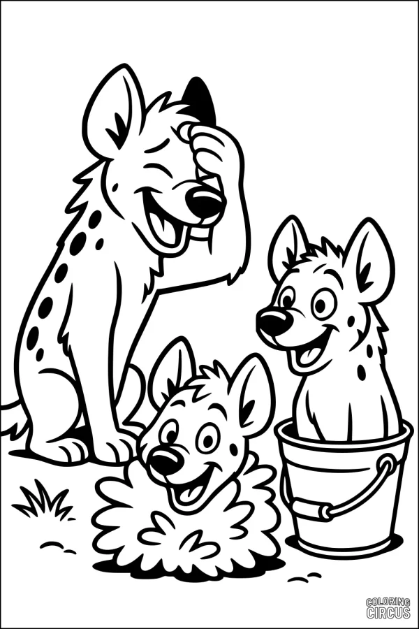 Coloring page with three cartoon hyenas laughing and playing together, one in grass, one in a bucket