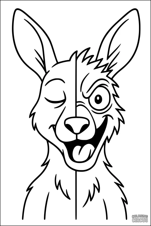 Coloring page showing a split-face cartoon kangaroo with different expressions on each side.