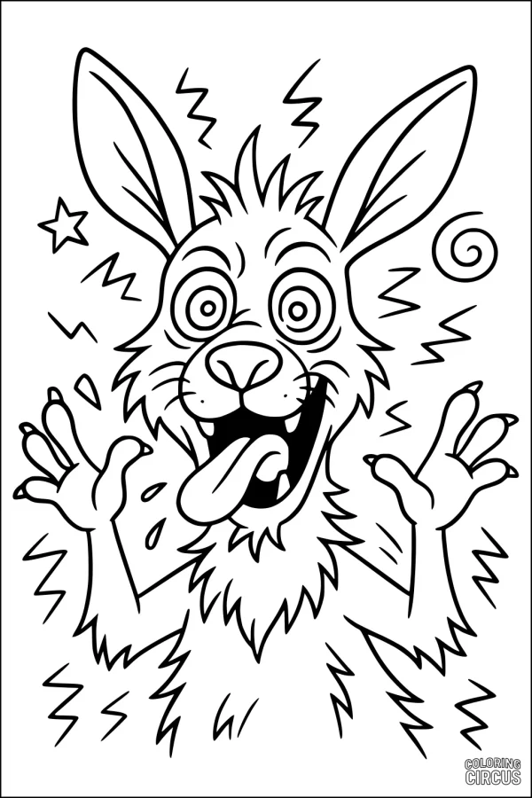 Coloring page of a cartoon kangaroo with a goofy surprised face and big ears