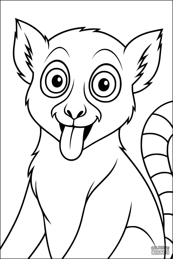Coloring page featuring a cartoon lemur with a striped tail, big eyes, and tongue sticking out.