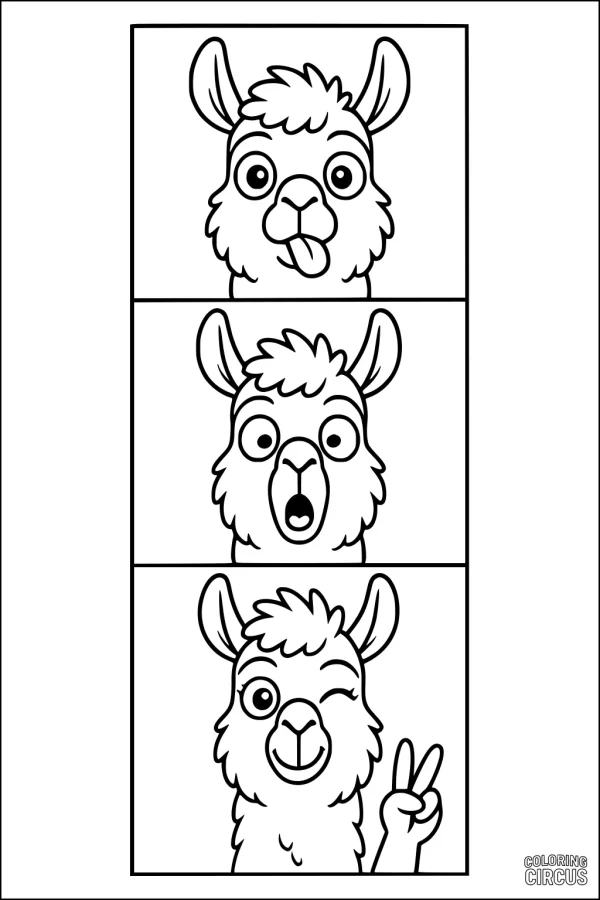 Coloring page with three cartoon llama faces showing silly expressions in stacked boxes