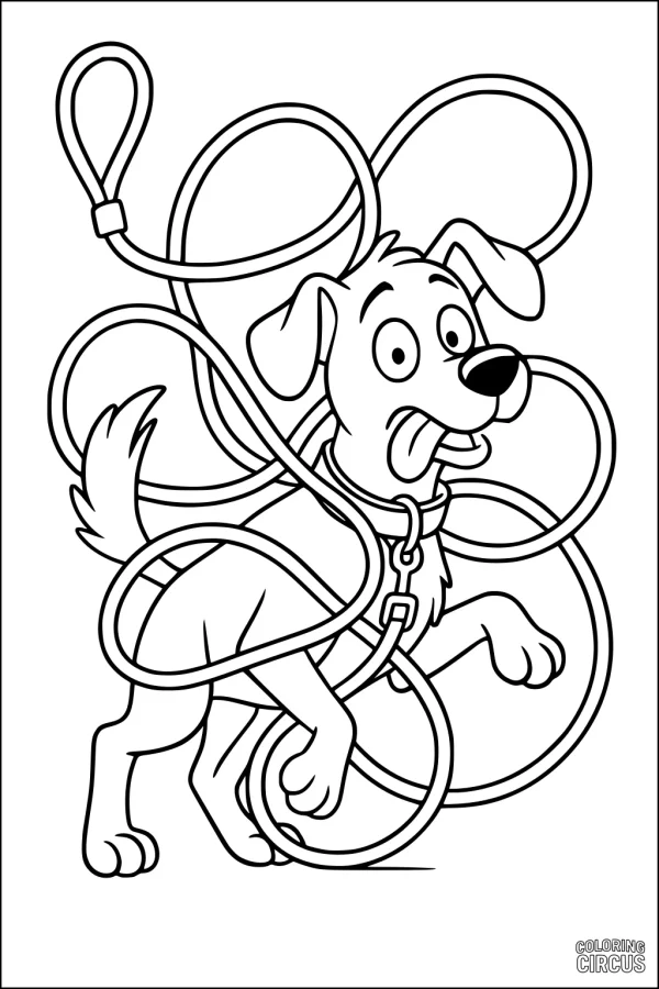 Coloring page featuring a cartoon dog tangled in its leash with a playful expression
