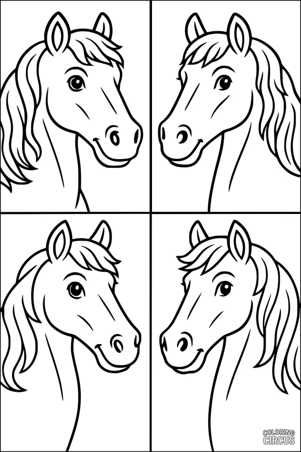 Coloring page featuring four cartoon horse heads with flowing manes, arranged in a grid