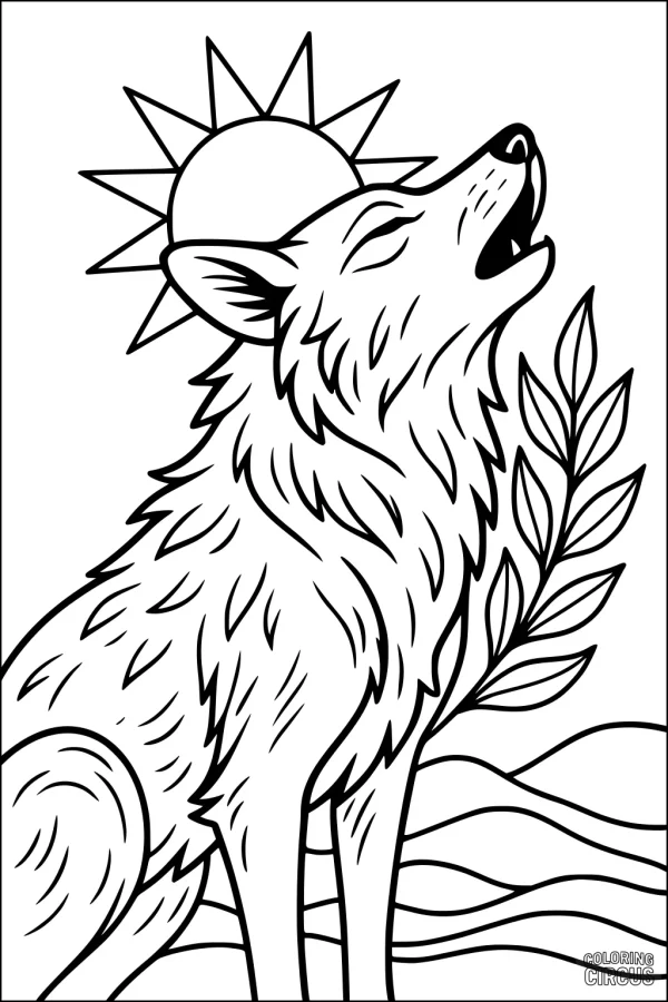 Coloring page of a happy coyote howling at sunrise with leafy branches and hills