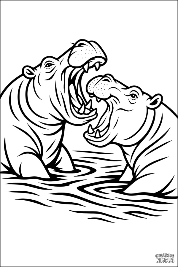 Coloring page showing two hippos with open mouths in a river