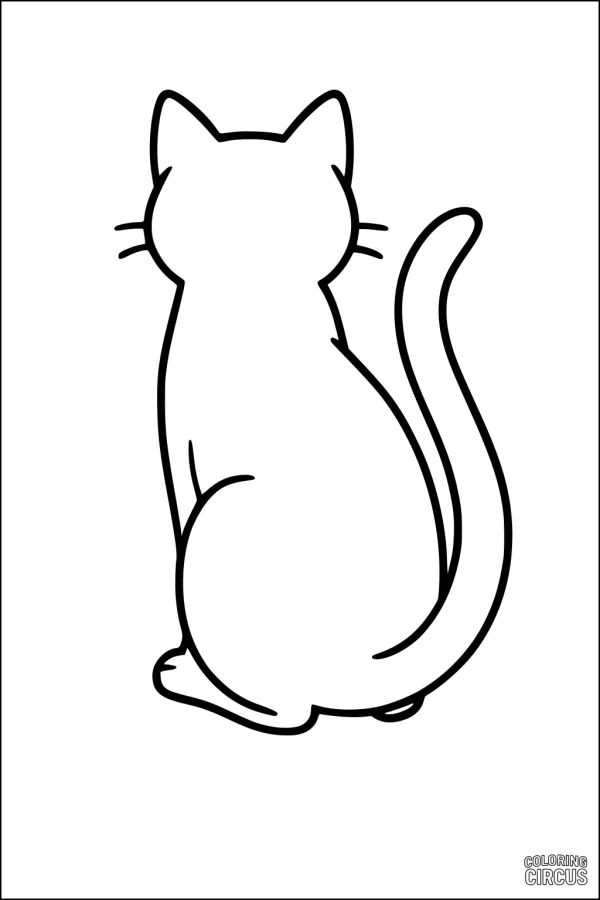 Coloring page showing the back view of a sitting cat with its tail curled
