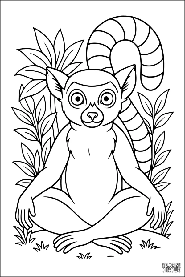 Coloring page of a lemur sitting with striped tail in jungle plants