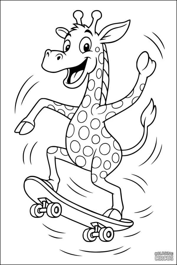 Coloring page of a cartoon giraffe riding a skateboard with a cheerful expression