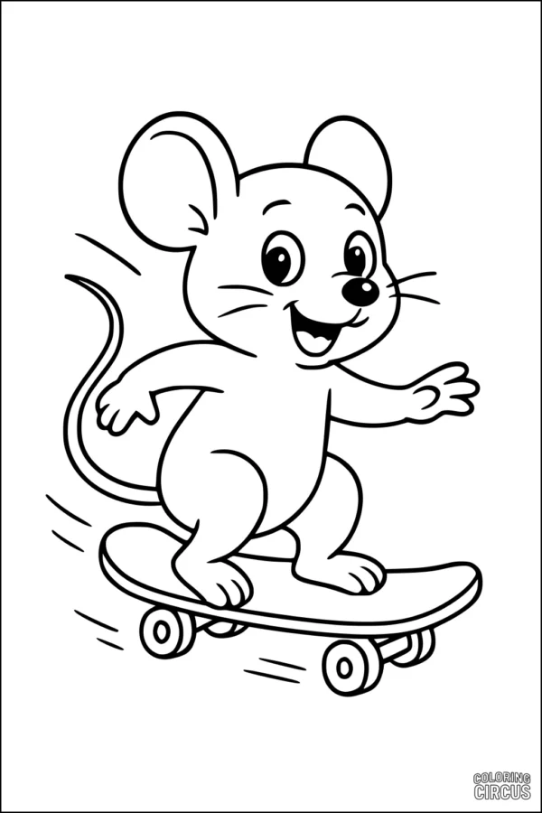 Coloring page featuring a happy mouse riding a skateboard, perfect for young children