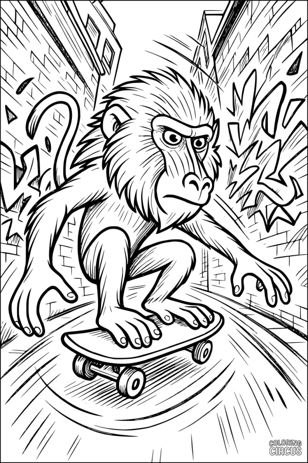 Coloring page showing a baboon skateboarding in a city with graffiti walls.