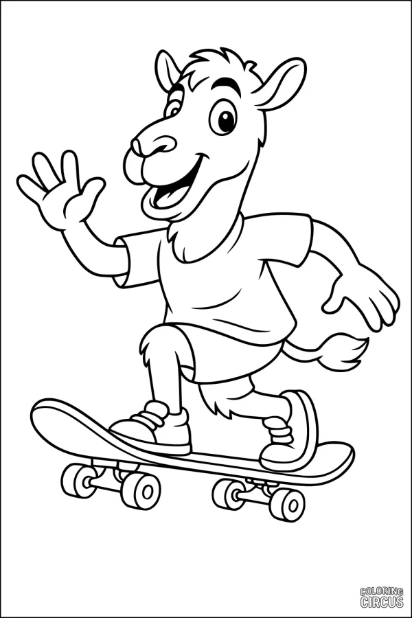 Coloring page cartoon camel skateboarding in city wearing a T-shirt and shoes