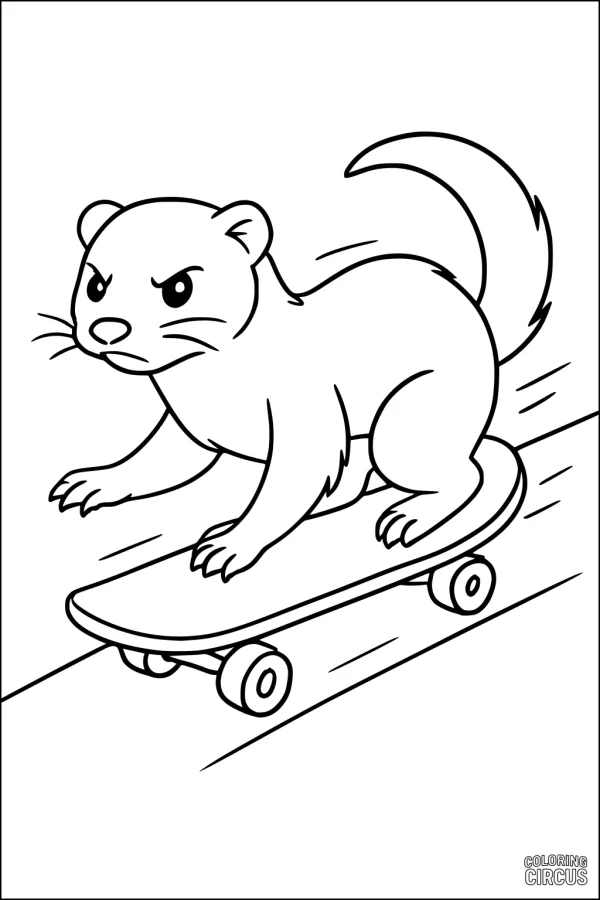 Coloring page of a cartoon ferret riding a skateboard down a ramp