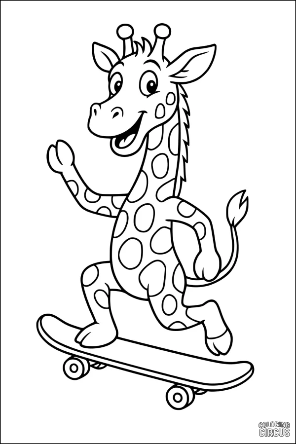 Coloring page of a cartoon giraffe riding a skateboard with a happy expression