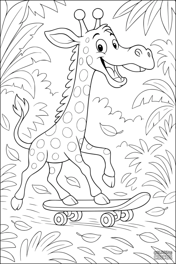 Coloring page of a smiling giraffe skateboarding in a leafy jungle for kids