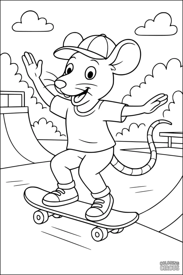 Coloring page featuring a cartoon rat skateboarding in a park with trees and ramps