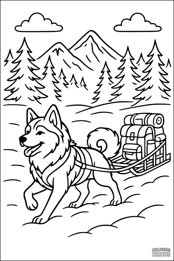 Coloring page of a happy sled dog pulling supplies through a snowy mountain forest with pine trees and mountains in the background.