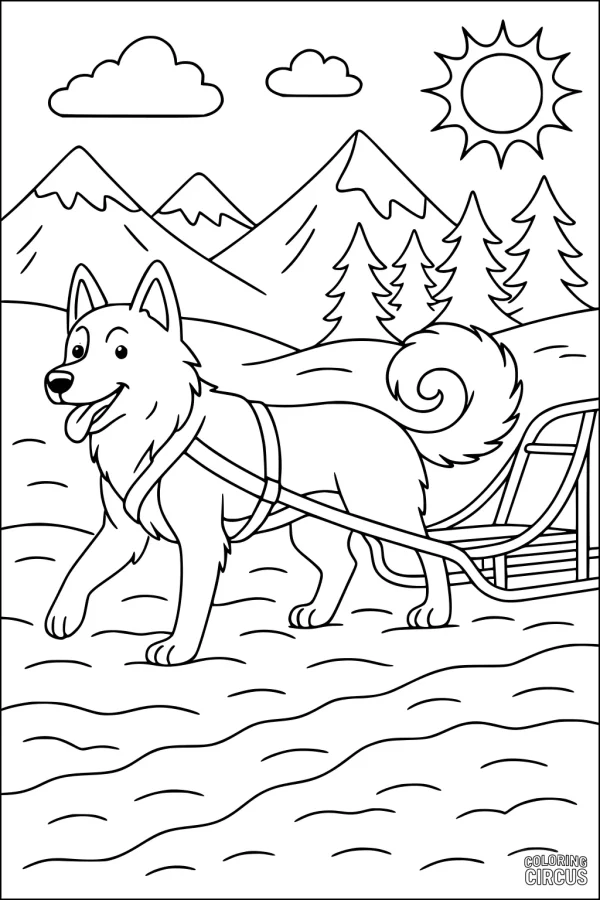 Coloring page of a sled dog pulling a sled in snowy mountains under a sunny sky