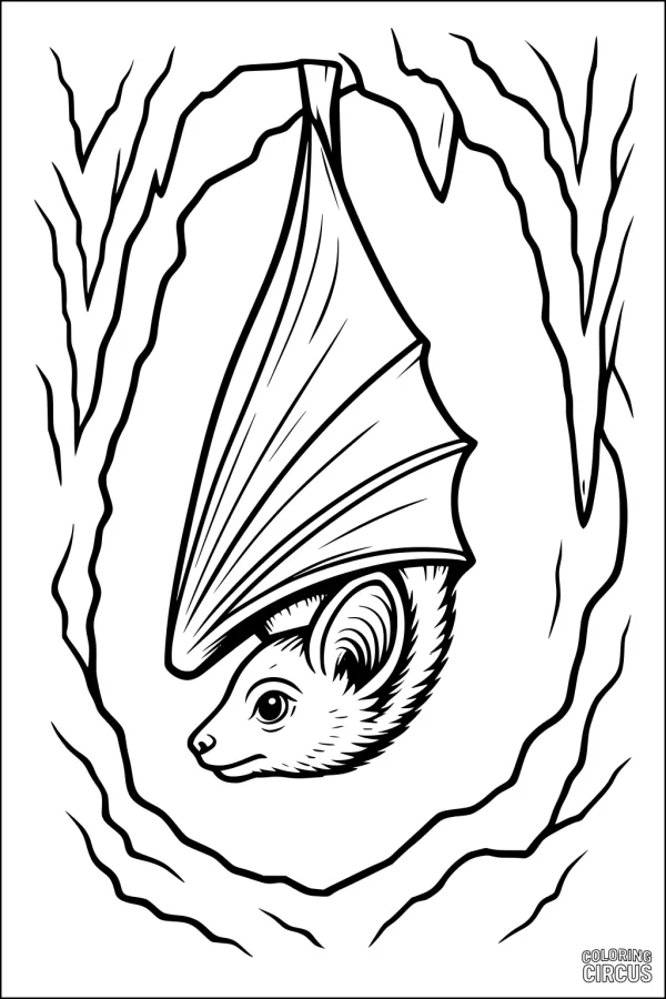Coloring page of a cute bat hanging upside down inside a cozy cave
