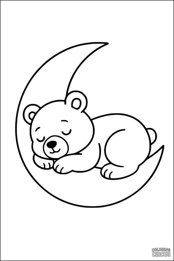 Coloring page featuring a cute bear sleeping on a crescent moon