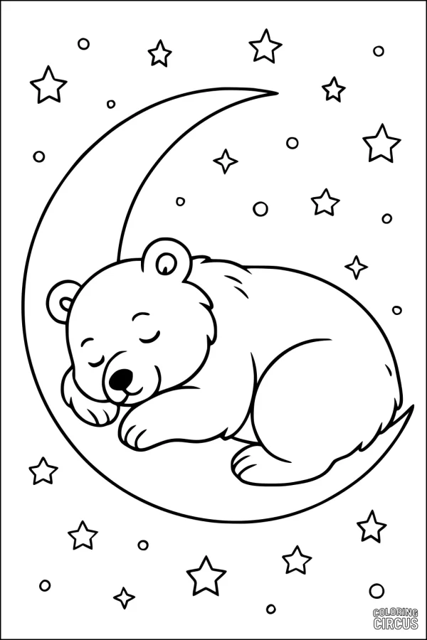 Coloring page showing a sleeping bear on a crescent moon surrounded by stars