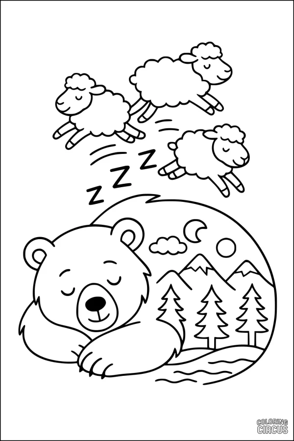 Coloring page featuring a sleeping bear, three jumping sheep, and a forest landscape with mountains and moon