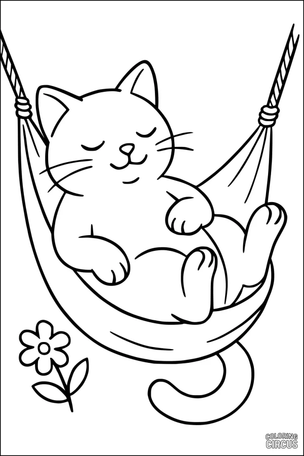 Coloring page of a relaxed cat sleeping in a hammock with a flower nearby