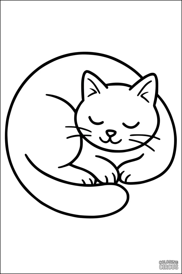 Coloring page showing a curled up sleeping cat with closed eyes and a peaceful expression.