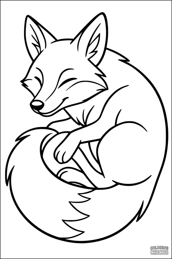 Coloring page showing a cute fox curled up sleeping