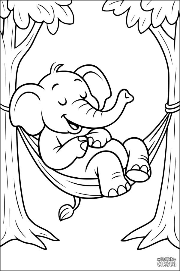 Coloring page of a happy elephant sleeping in a hammock between two trees