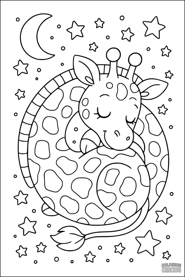 Coloring page featuring a cute sleeping giraffe surrounded by stars and a moon