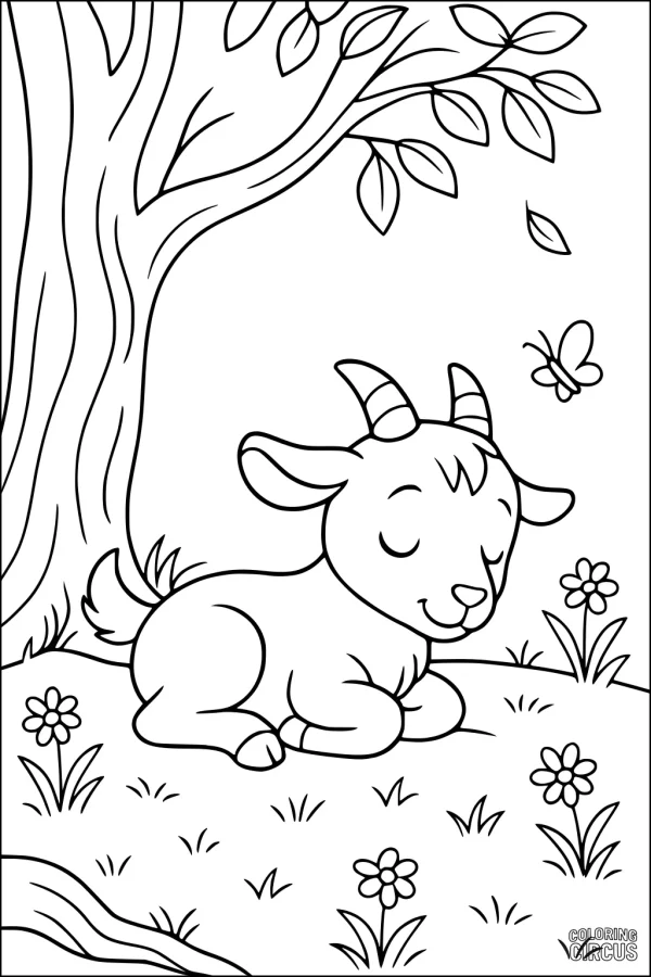 Coloring page featuring a cute sleeping goat in a grassy meadow under a tree with flowers and a butterfly.