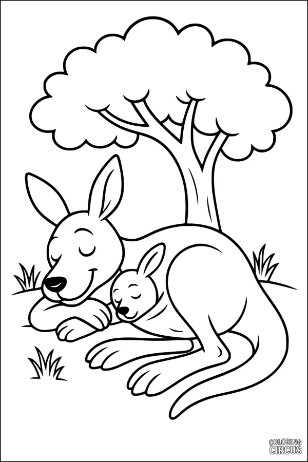 Coloring page of a mother kangaroo and joey resting under a tree.