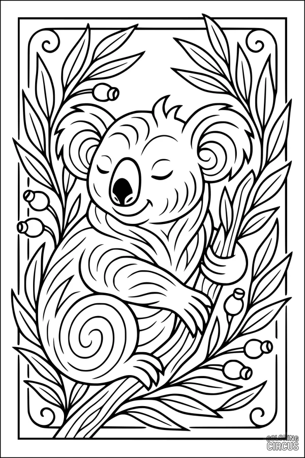 Coloring page showing a cute koala sleeping among eucalyptus leaves, suitable for kids.