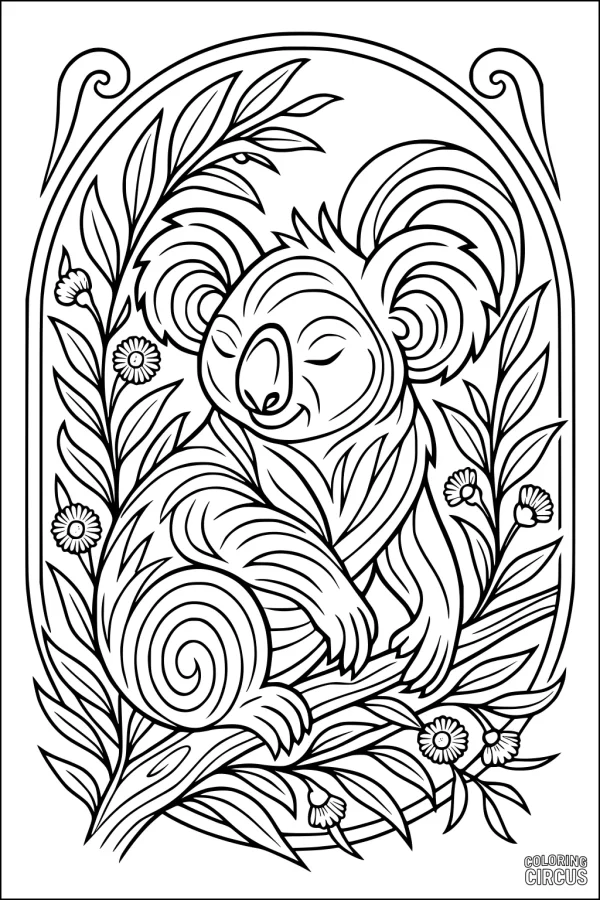 Coloring page featuring a koala resting on a branch surrounded by leaves and flowers