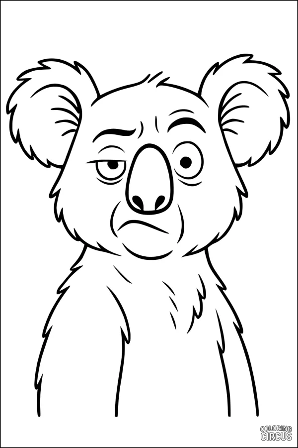 Coloring page featuring a cartoon koala with a gentle expression and fluffy ears