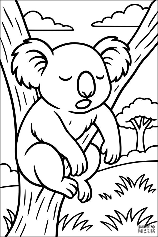 Coloring page of a cute koala snoozing in a tree with clouds and grassy background