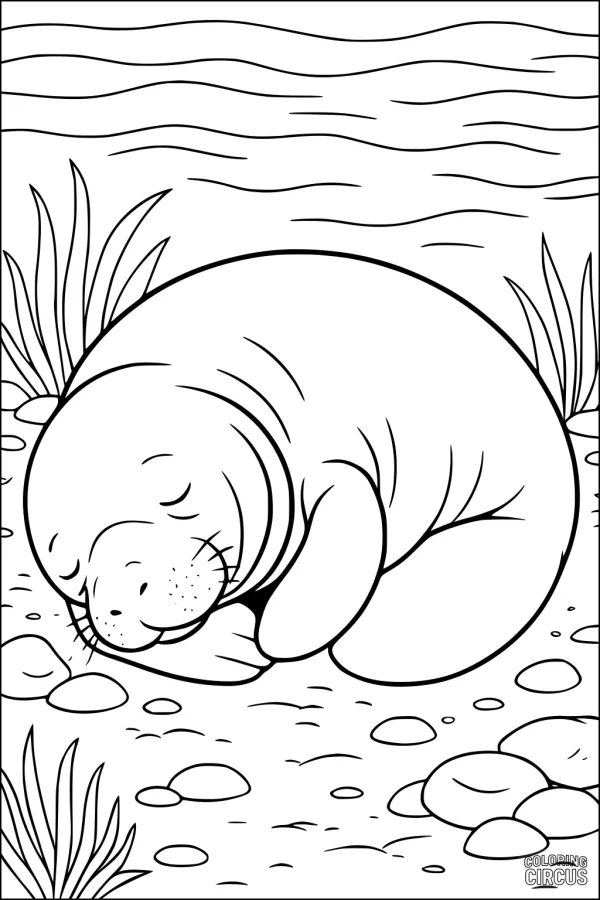 Coloring page showing a sleeping manatee underwater with river rocks and plants.