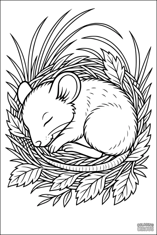 Coloring page featuring a sleeping mouse curled up in a nest of leaves and grass