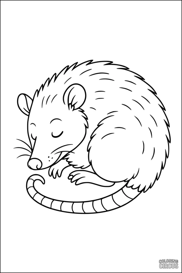 Coloring page of a curled-up opossum with closed eyes and a striped tail