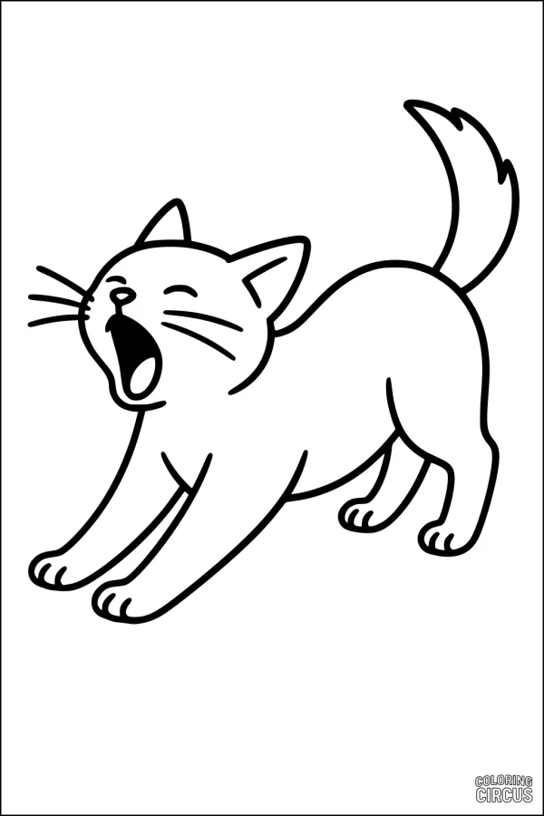 Coloring page cat stretching and yawning, perfect for young kids
