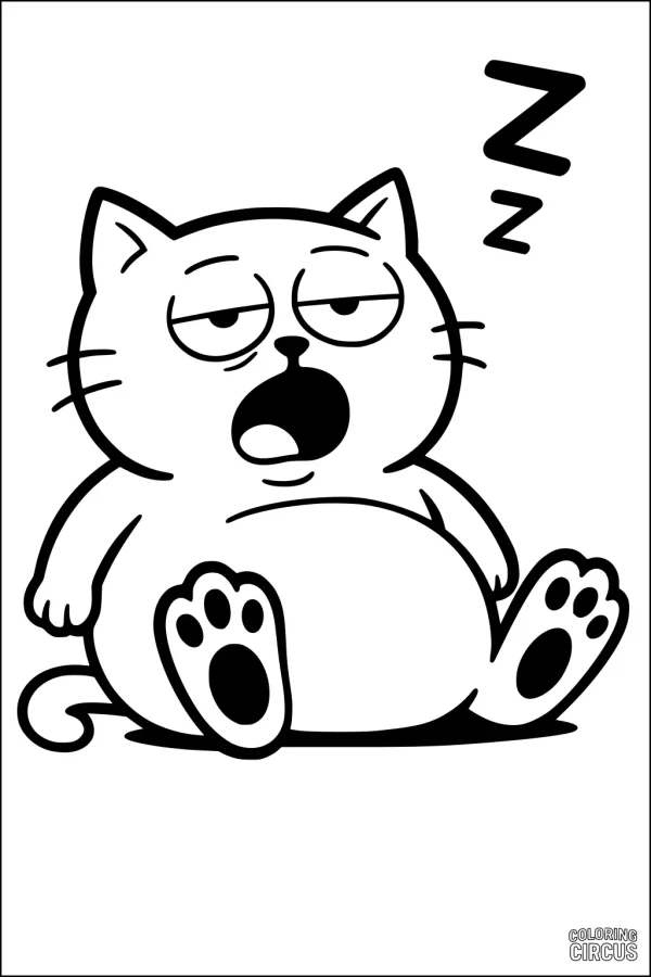 Coloring page showing a cartoon sleepy cat yawning with paws up