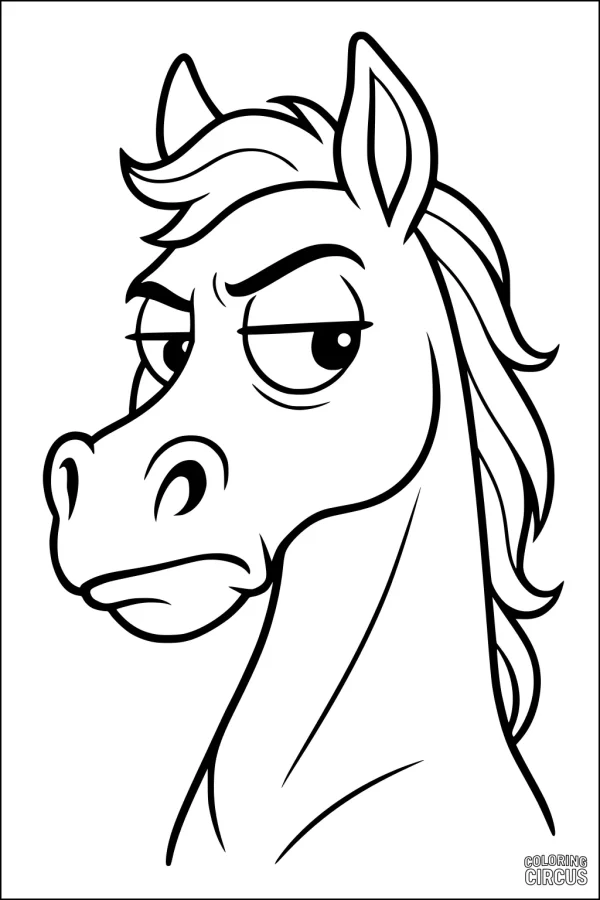 Coloring page featuring a cartoon horse with a skeptical, expressive face and flowing mane