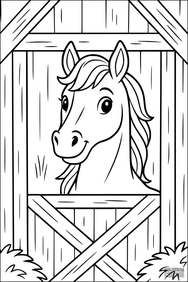 Coloring page showing a cheerful cartoon horse looking out from a barn window, surrounded by bushes