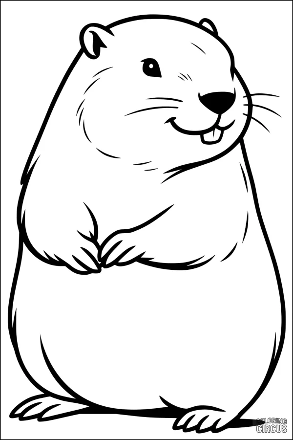 Coloring page of a cute cartoon beaver with a big smile, friendly face, and small paws
