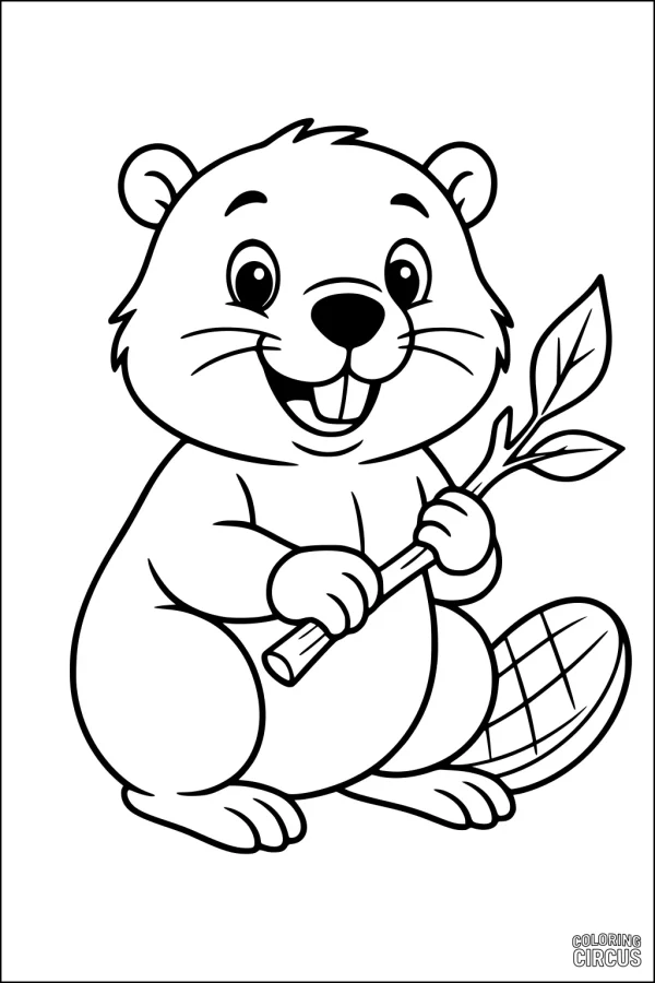Coloring page of a happy cartoon beaver holding a stick and smiling