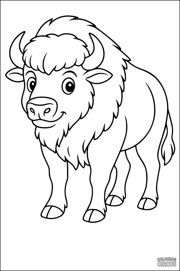 Coloring page featuring a friendly cartoon buffalo with a big smile and fluffy fur