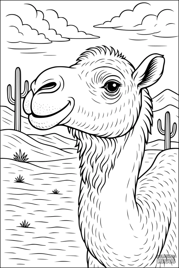 Coloring page shows a smiling camel in a desert landscape with cacti, mountains, and clouds