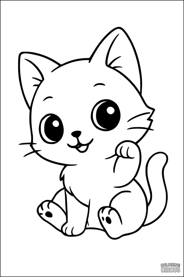 Coloring page showing a cute cartoon kitten waving with big eyes and a happy expression